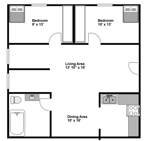 A floor plan of a two bedroom apartment with a living area, dining area, and bathroom.